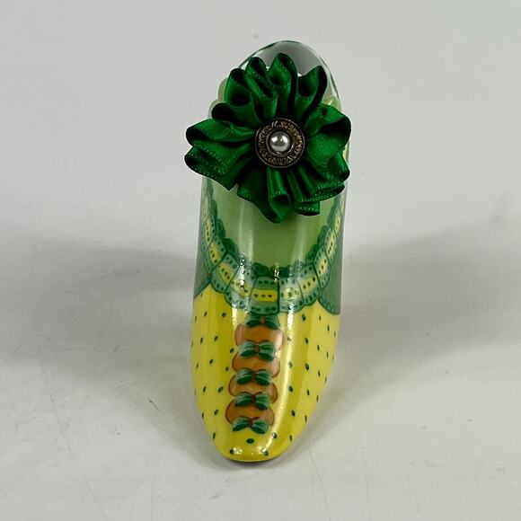 Fiona Saunders Limoges France Porcelain Shoe Figurine Hand Painted Green Yellow - Picture 5 of 13